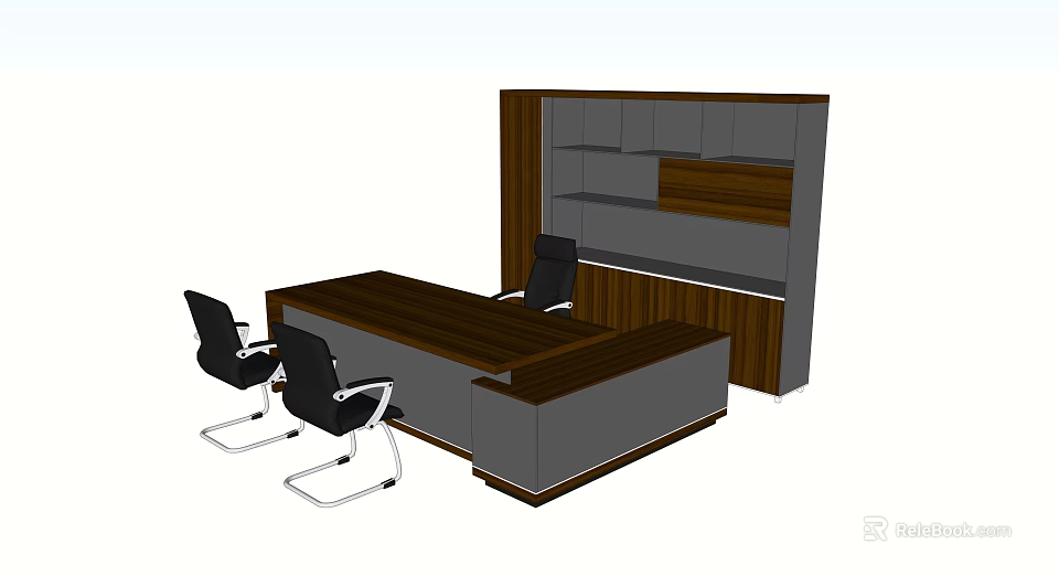 Modern Office Desk With Wooden Top Two Black Chairs With Metal Legs And Wooden Cabinet 3d model 