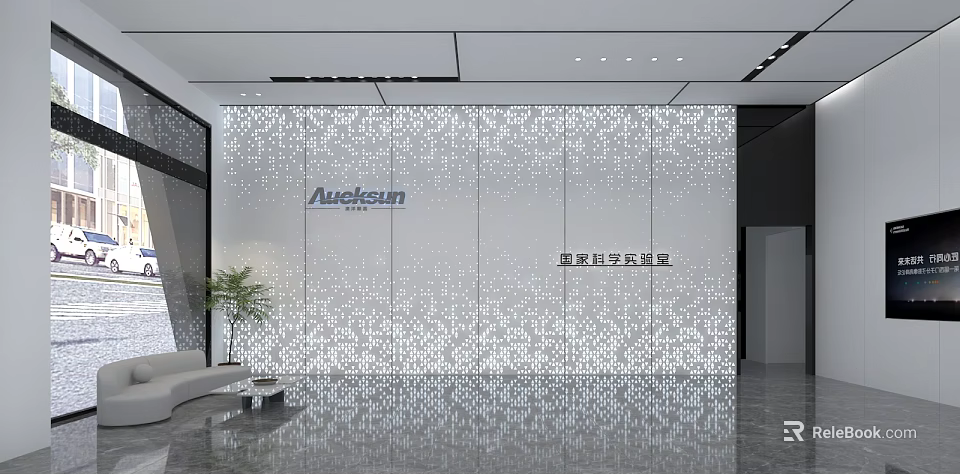 Modern Reception Area with Awelcam Logo Perforated White Panel Wall and Polished Floor 3d model 