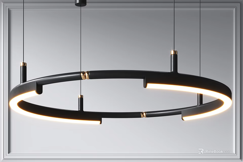 Modern Circular Chandelier with Black Frame and Gold Accents Glowing LED Light for Interior Decoration 3d model 