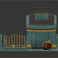 Teal Small Building With Brown Roof Spires Fence Tombstones And Barrel