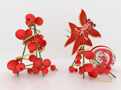 Red Art Installation With Fish Shaped Kite Spherical Decorations Bamboo Branches And Dragon Pattern Ornament 3d model