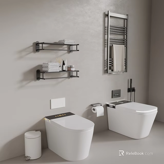 Modern White Toilet with Wall Shelves Towels Toiletries and Metal Towel Rack 3d model 