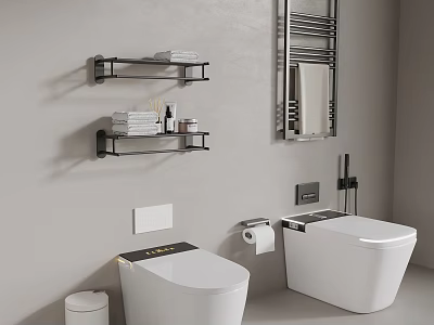 Modern White Toilet with Wall Shelves Towels Toiletries and Metal Towel Rack 3d model