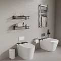 Modern White Toilet with Wall Shelves Towels Toiletries and Metal Towel Rack