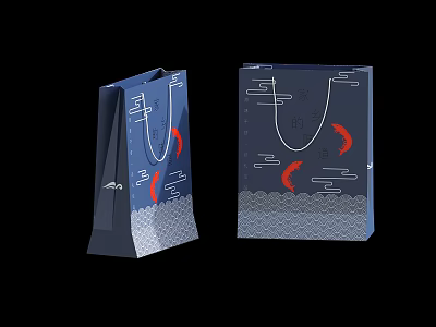 Dark Blue Shopping Bags With Red Fish Cloud Patterns And Wavy Gray Base 3d model
