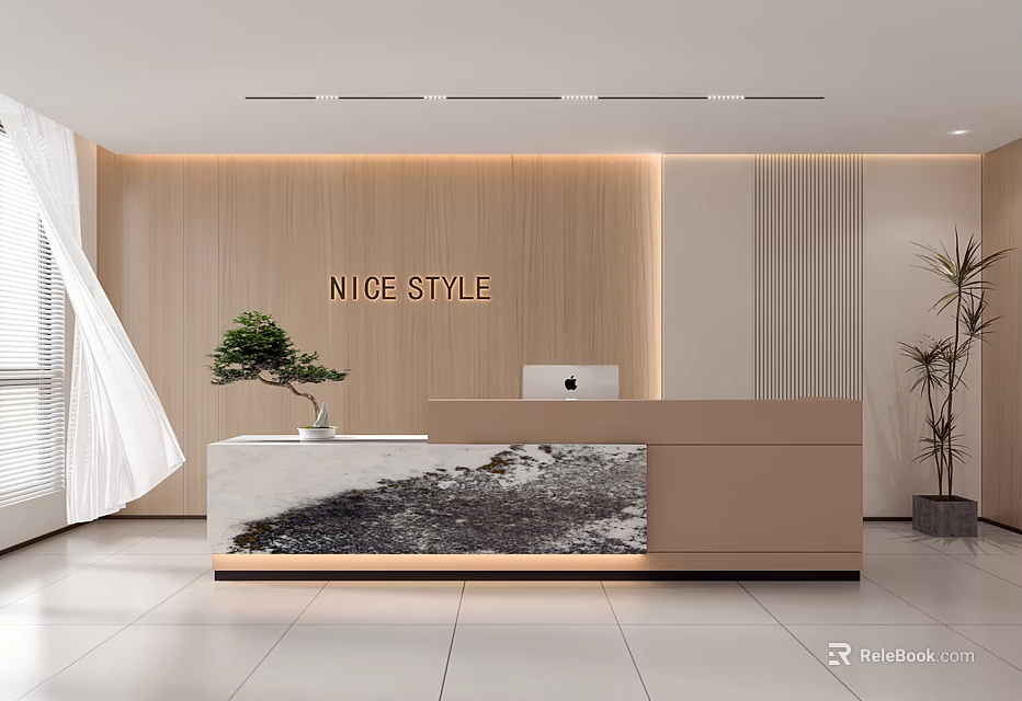 Modern Reception Desk With Wooden Wall NICE STYLE Sign And Potted Plants 3d model 