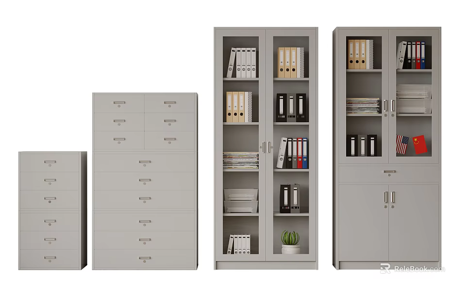Grey Metal Storage File Cabinets With Multi Drawers And Cabinet Doors Design 3d model 