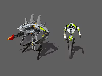 Futuristic Smart Machines With Gray Green Flying Vehicle And Robot On Motorcycle 3d model