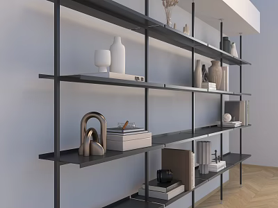 Modern Black Metal Shelving Unit With Decorative Vases Books And Ornaments In Interior Space 3d model