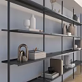 Modern Black Metal Shelving Unit With Decorative Vases Books And Ornaments In Interior Space