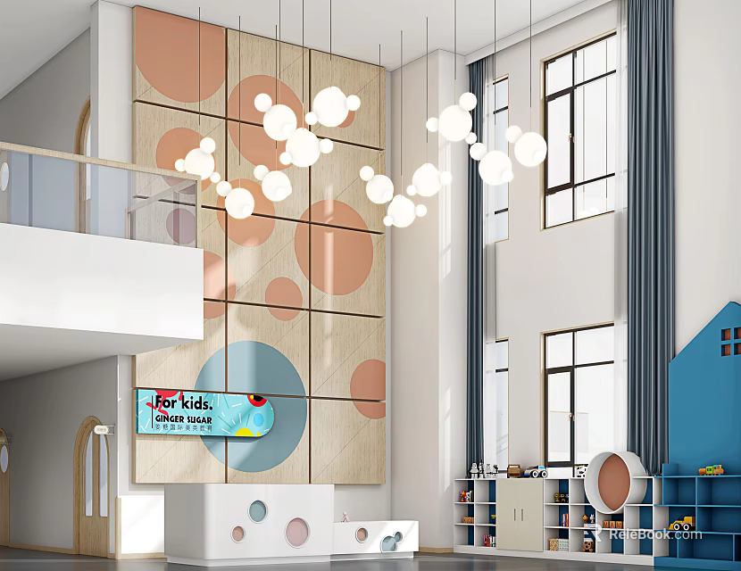 Modern Two Story Kindergarten Open Space With Colorful Circular Wall Panels Pendant Lights And Bookshelves 3d model 