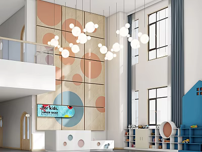 Modern Two Story Kindergarten Open Space With Colorful Circular Wall Panels Pendant Lights And Bookshelves 3d model
