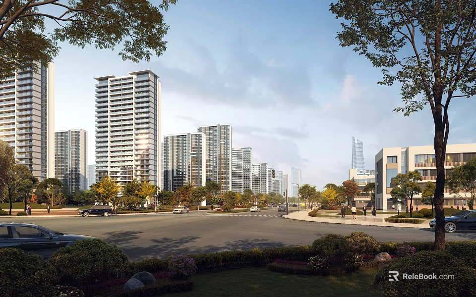 Modern High Rise Residential Buildings With Greenery And Urban Road View 3d model 