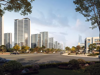 Modern High Rise Residential Buildings With Greenery And Urban Road View 3d model