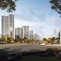 Modern High Rise Residential Buildings With Greenery And Urban Road View