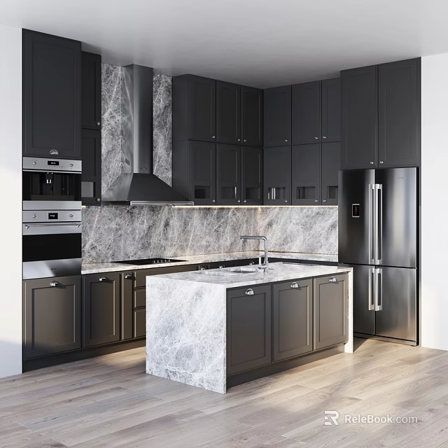 Modern Black Kitchen Cabinets With Marble Countertop Island And Stainless Steel Appliances 3d model 