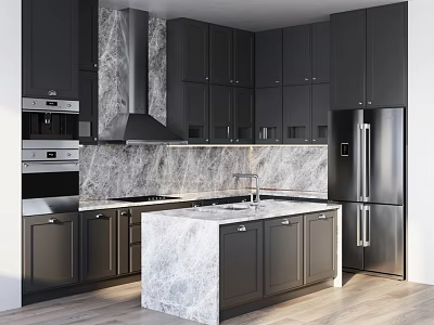 Modern Black Kitchen Cabinets With Marble Countertop Island And Stainless Steel Appliances 3d model
