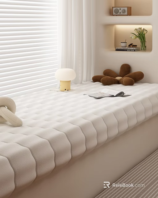 Cozy Bedroom With White Blinds Curtains Striped Mattress White Lamp Brown Stuffed Toy And Magazine 3d model 