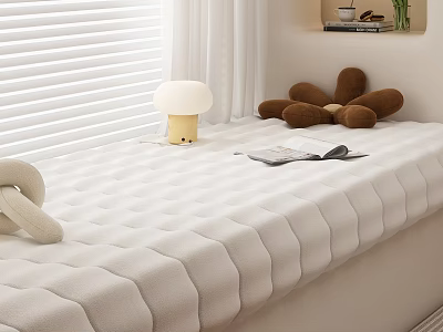 Cozy Bedroom With White Blinds Curtains Striped Mattress White Lamp Brown Stuffed Toy And Magazine 3d model