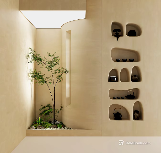 Indoor Landscape with Beige Walls Recessed Shelves Holding Black Teapots Green Plants and Small Tree 3d model 