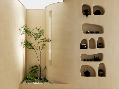 Indoor Landscape with Beige Walls Recessed Shelves Holding Black Teapots Green Plants and Small Tree 3d model
