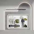 Modern Arched Window Showcase With Dark Clothing Mannequin Green Plant Leaves And Display Table