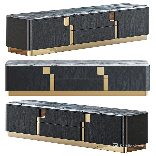 Modern Dark Finish Sideboard With Sleek Gold Accents And Marble Top Drawers Design 3d model 