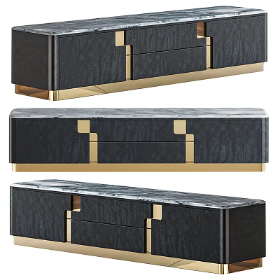 Modern Dark Finish Sideboard With Sleek Gold Accents And Marble Top Drawers Design 3d model