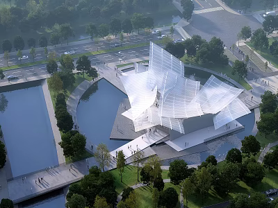 Modern Museum Building With Geometric Glass Facade Waterfront Greenery And Pedestrian Walkways 3d model