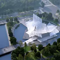 Modern Museum Building With Geometric Glass Facade Waterfront Greenery And Pedestrian Walkways