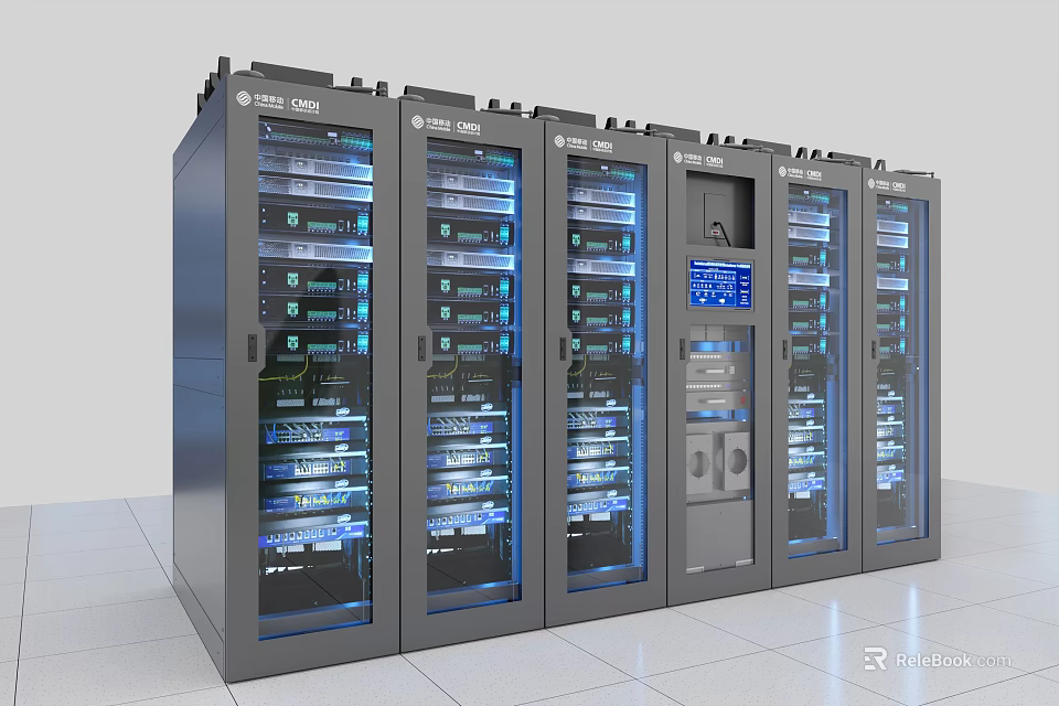 Modern Computer Server Racks In Data Center With Glass Doors And Blue Indicators 3d model