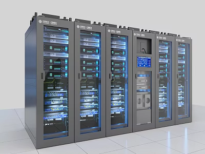 Modern Computer Server Racks In Data Center With Glass Doors And Blue Indicators 3d model