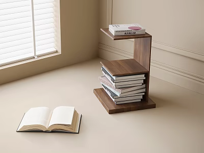 Wooden Side Table With Stack Of Books And Open Book In Light Room 3d model
