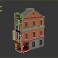 Traditional Three Story Red Brick Building With Gray Roof Windows And Storefront Signs