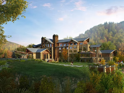 Rustic Mountain Hotel Building with Green Lawn Surrounding Trees and Scenic Views 3d model