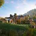 Rustic Mountain Hotel Building with Green Lawn Surrounding Trees and Scenic Views