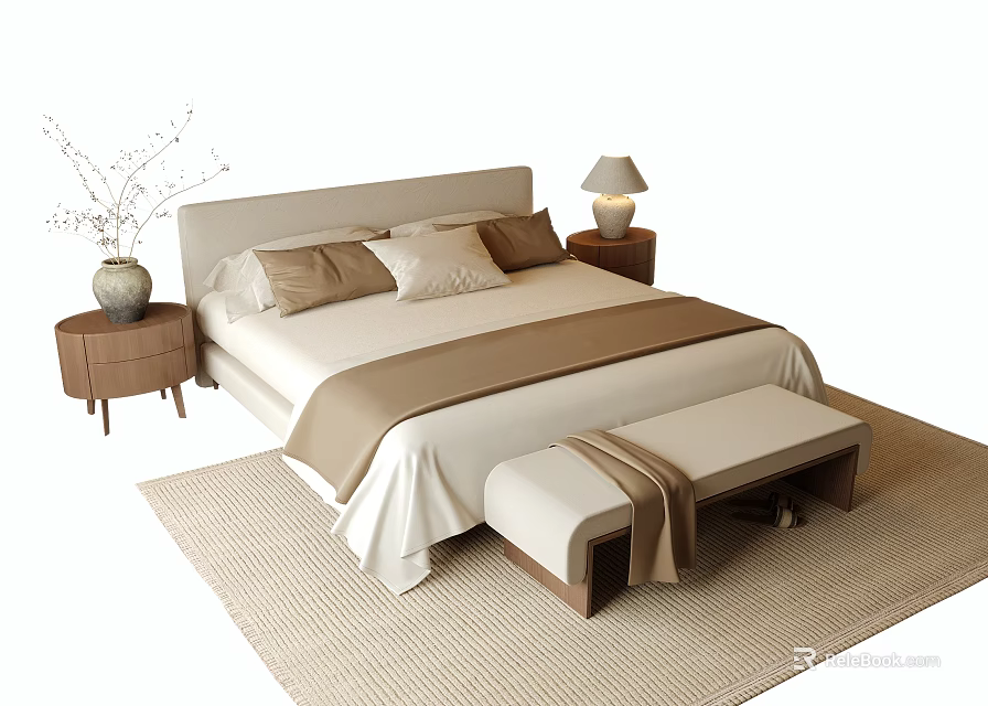 Modern Double Bed Interior With Bedside Tables Vase Lamp Bench And Rug 3d model 