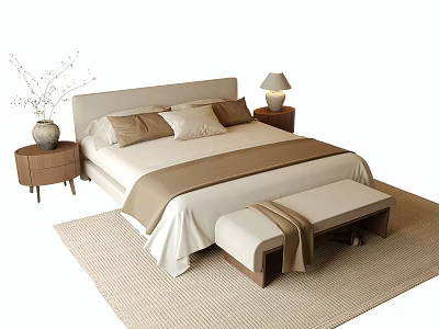 Modern Double Bed Interior With Bedside Tables Vase Lamp Bench And Rug 3d model