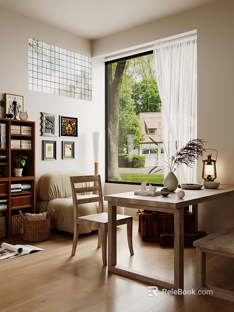 Rustic Wooden Dining Table Set With Matching Chair In Cozy Sunlit Home Beside Large Window 3d model 