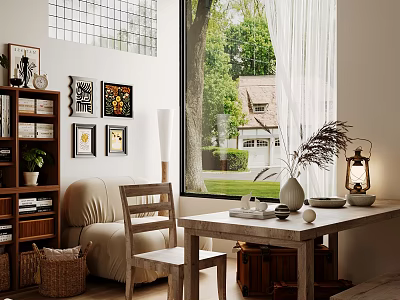 Rustic Wooden Dining Table Set With Matching Chair In Cozy Sunlit Home Beside Large Window 3d model