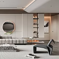 Modern Living Room Interior With Circular Mirror Sofa Glass Coffee Table Fireplace And Potted Plant