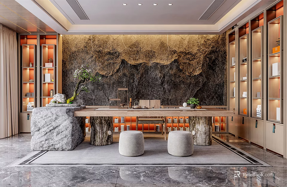 Modern Tea Room Interior With Marble Wall Stone Table Wooden Cabinets And Green Plants 3d model 
