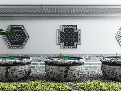 Traditional Garden Ornaments With Three Stone Jars Fu Characters Lotus Flowers And Wall Decorations 3d model