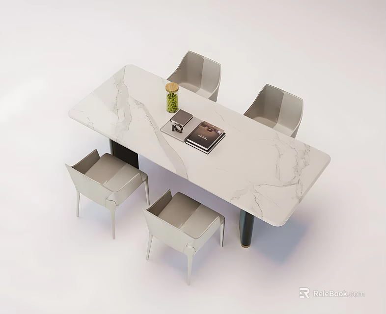 Modern Dining Table Set With White Marble Top Four Light Grey Chairs And Table Decor 3d model