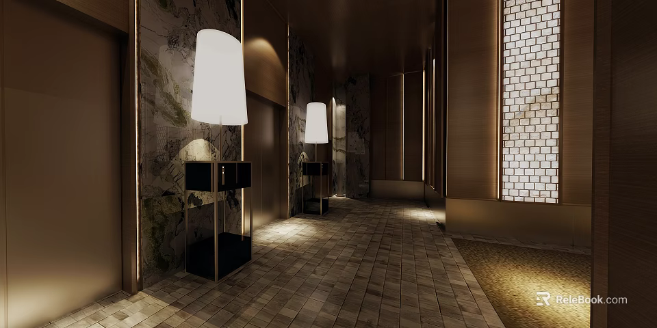 Elegant Modern Elevator Hallway With Floor Lamps Marble Walls And Patterned Tile Floor 3d model 