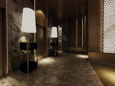 Elegant Modern Elevator Hallway With Floor Lamps Marble Walls And Patterned Tile Floor 3d model