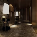 Elegant Modern Elevator Hallway With Floor Lamps Marble Walls And Patterned Tile Floor 3d model