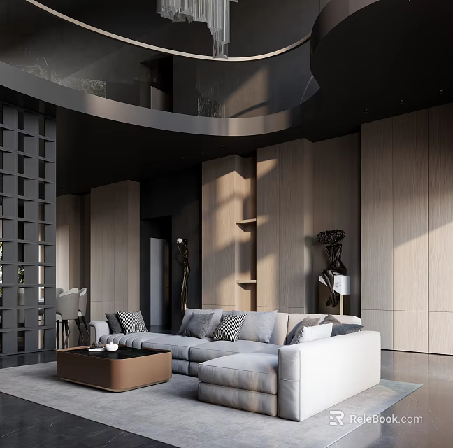 Modern Loft Living Room With Large Sofa Coffee Table And Sculptures 3d model 
