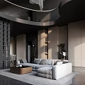 Modern Loft Living Room With Large Sofa Coffee Table And Sculptures