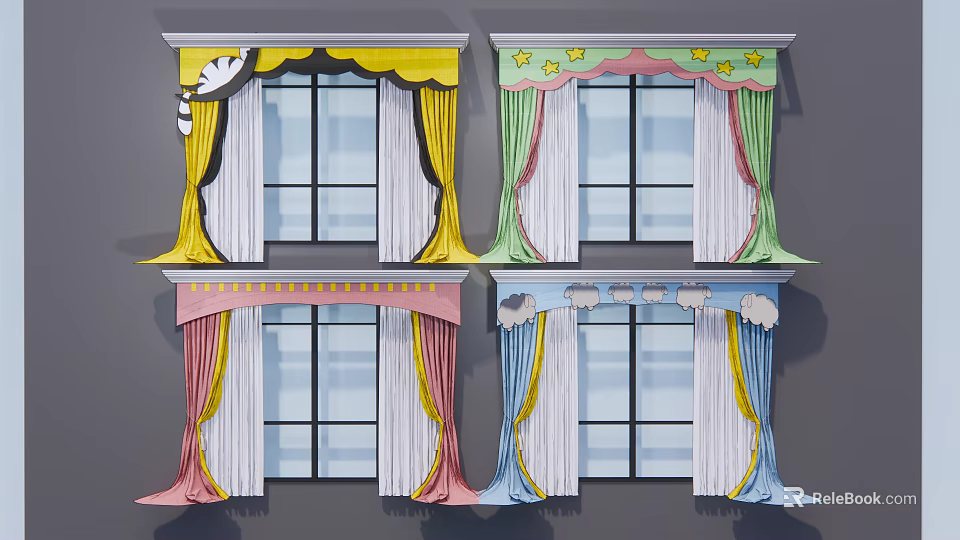 Colorful Window Curtains With Decorative Valances In Yellow Green Pink Blue 3d model 
